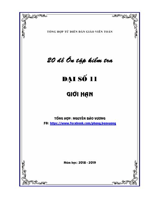 20 đề ôn tập kiểm tra Đại số và Giải tích 11 chương 4 – giới hạn